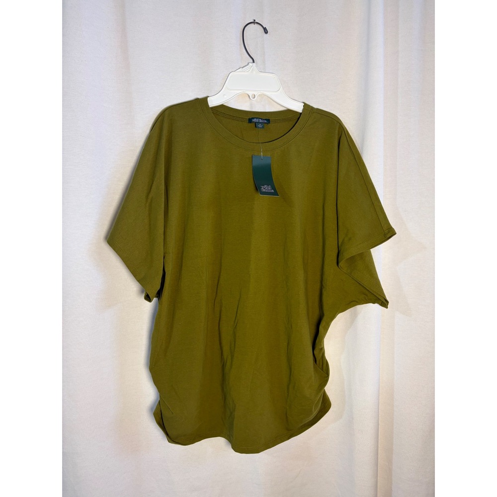 Wild Fable Women 1X Dark Green Short Sleeve High Low Hem Ruched T-Shirt NEW